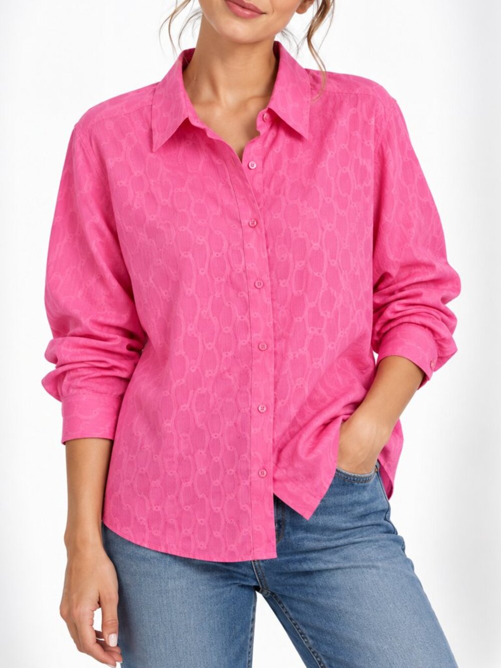 Foxcroft 16W Hot Pink Wrinkle-Free Cotton Jacquard Button-Down Blouse